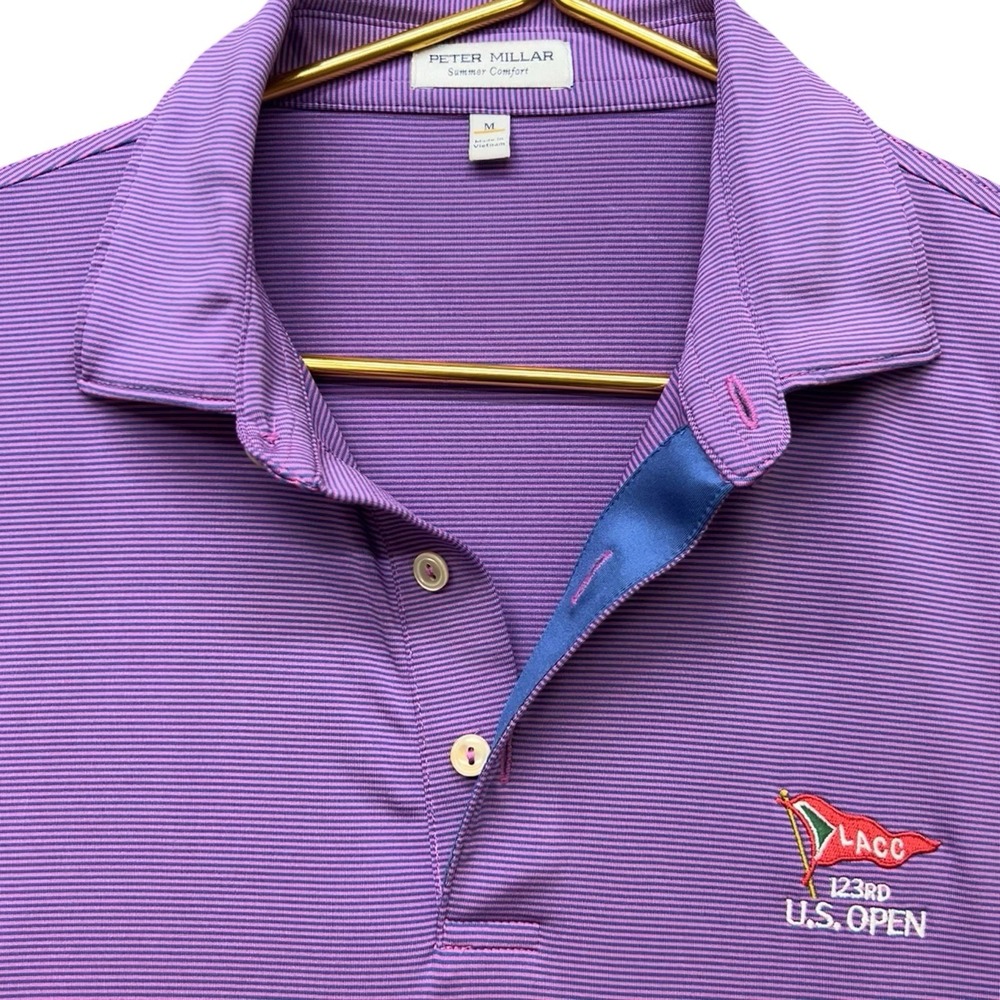 Peter Millar Summer Comfort 2023 US Open LACC Golf Polo Mens M Purple Stripe